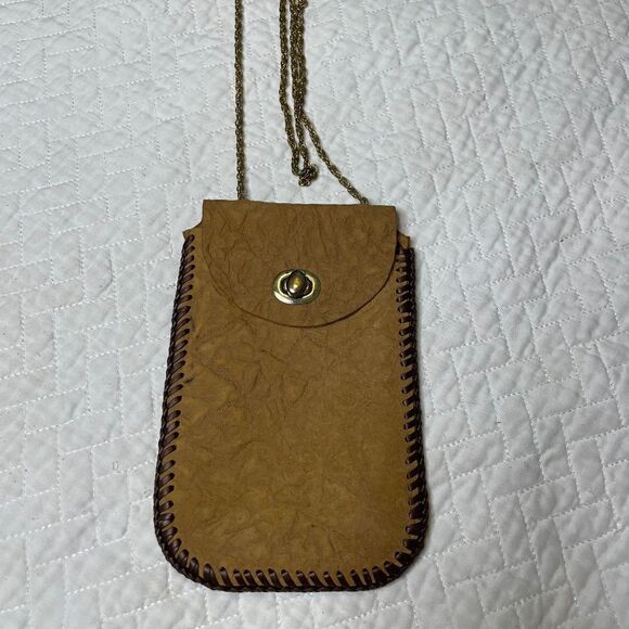 Handmade Custom Camel w/ Brown Leather Wrap Small Satchel w/ Gold Toned String - Picture 1 of 8